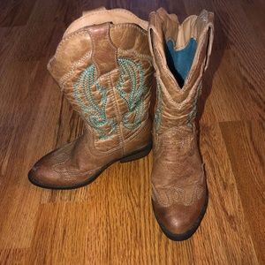 Toddler Girl Cowgirl Boots Brown W/ Blue Thread